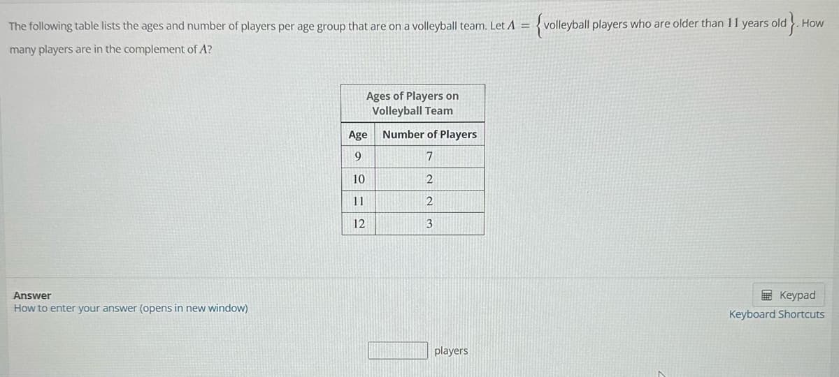 The following table lists the ages and number of players per age group that are on a volleyball team. Let A = {volleyball players who are older than 11 years old. How
many players are in the complement of A?
Answer
How to enter your answer (opens in new window)
Ages of Players on
Volleyball Team
Age
9
10
11
12
Number of Players
7
2
2
3
players
Keypad
Keyboard Shortcuts