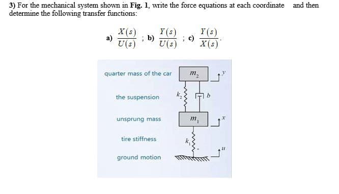 3) For the mechanical system shown in Fig. 1, write the force equations at each coordinate and then
determine the following transfer functions:
X(s)
a)
; b)
U(s)
Y(s)
U(s)
Y(s)
; c)
X(s)
quarter mass of the car
m₂
the suspension
unsprung mass.
m₁
tire stiffness
ground motion