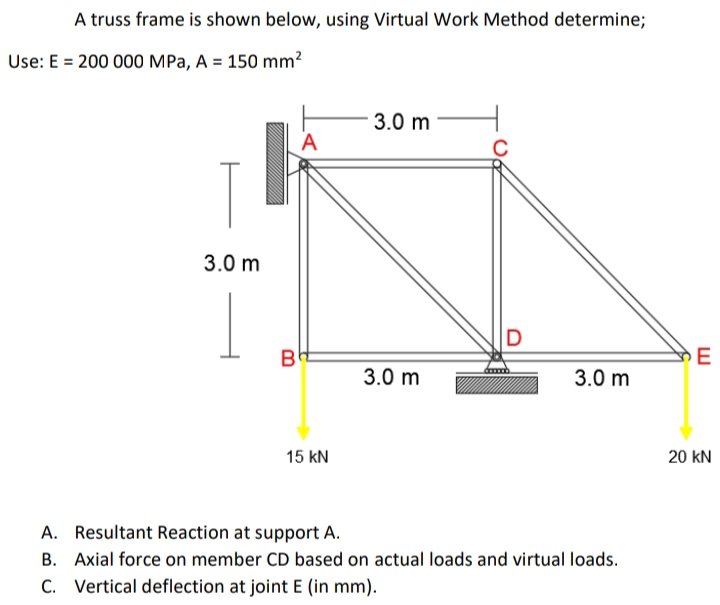 A truss frame is shown below, using Virtual Work Method determine;
Use: E = 200 000 MPa, A = 150 mm?
3.0 m
A
3.0 m
D
B
3.0 m
3.0 m
15 kN
20 kN
A. Resultant Reaction at support A.
B. Axial force on member CD based on actual loads and virtual loads.
C. Vertical deflection at joint E (in mm).
