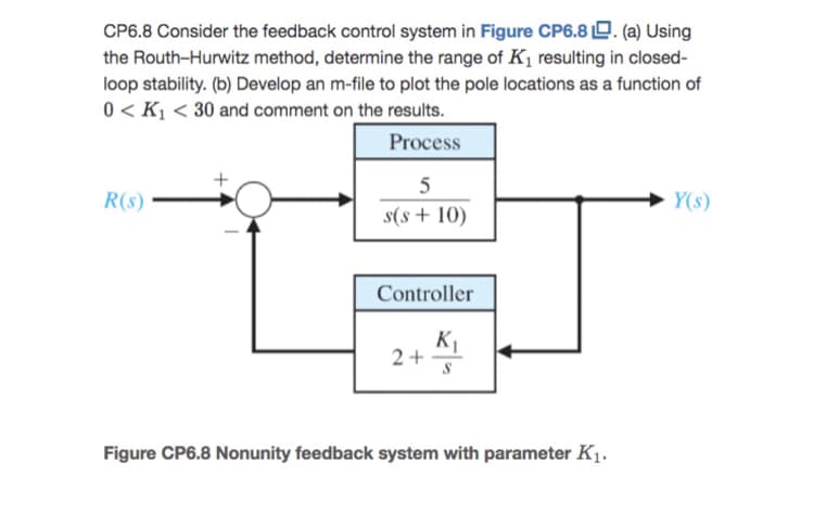 CP6.8 Consider the feedback control system in Figure CP6.8 D. (a) Using
the Routh-Hurwitz method, determine the range of K1 resulting in closed-
loop stability. (b) Develop an m-file to plot the pole locations as a function of
0 < K1 < 30 and comment on the results.
Process
5
R(s)
Y(s)
s(s + 10)
Controller
2 + -
Figure CP6.8 Nonunity feedback system with parameter K1.
