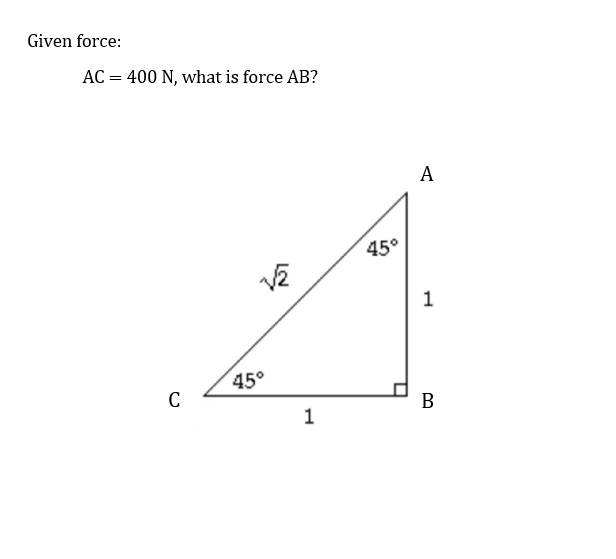 Given force:
AC =
= 400 N, what is force AB?
C
√2
玲
45°
1
45°
A
1
B