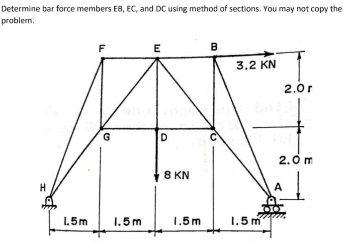 Determine bar force members EB, EC, and DC using method of sections. You may not copy the
problem.
F
E
B
3,2 KN
2.0 r
G
D
2.0 m
8 KN
A
1.5m
1.5 m
1.5m
1.5 m
