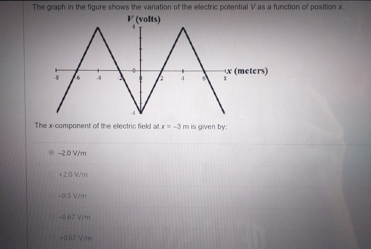 The graph in the figure shows the variation of the electric potential V as a function of position x.
V (volts)
4
AA
4
2
4
-8
-6
-2.0 V/m
+2.0 V/m
The x-component of the electric field at x = -3 m is given by:
-0.5 V/m
-0.67 V/m
6
+0.67 V/m
→x (meters)
8