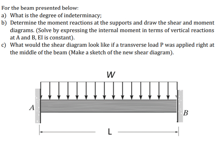 For the beam presented below:
a) What is the degree of indeterminacy;
b) Determine the moment reactions at the supports and draw the shear and moment
diagrams. (Solve by expressing the internal moment in terms of vertical reactions
at A and B, EI is constant).
c) What would the shear diagram look like if a transverse load P was applied right at
the middle of the beam (Make a sketch of the new shear diagram).
W
A
B
L
