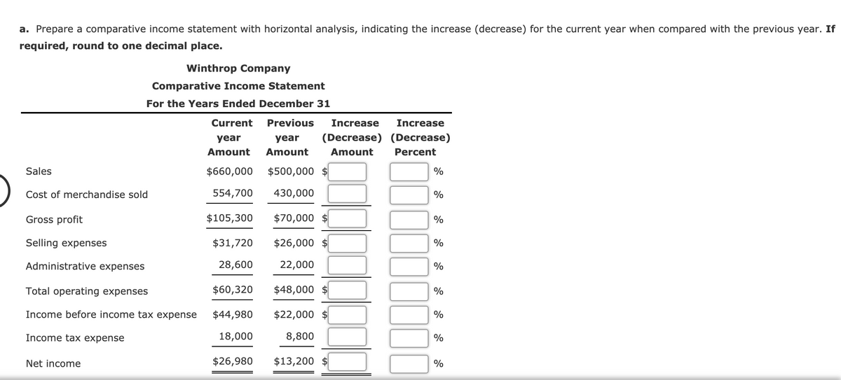 a. Prepare a comparative income statement with horizontal analysis, indicating the increase (decrease) for the current year when compared with the previous year. If
required, round to one decimal place.
Winthrop Company
Comparative Income Statement
For the Years Ended December 31
Current
Previous
Increase
Increase
year
year
(Decrease) (Decrease)
Amount
Amount
Amount
Percent
Sales
$660,000
$500,000 $
%
Cost of merchandise sold
554,700
430,000
%
Gross profit
$105,300
$70,000 $
%
Selling expenses
$31,720
$26,000
%
Administrative expenses
28,600
22,000
%
Total operating expenses
$60,320
$48,000 $
%
Income before income tax expense
$44,980
$22,000 $
%
Income tax expense
18,000
8,800
Net income
$26,980
$13,200 $
%

