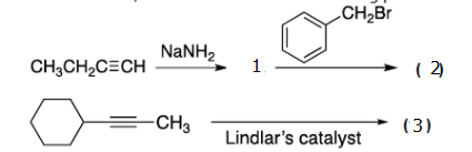 CH,Br
CH;CH,C=CH
NANH2
1.
( 2)
-CH3
(3)
Lindlar's catalyst
