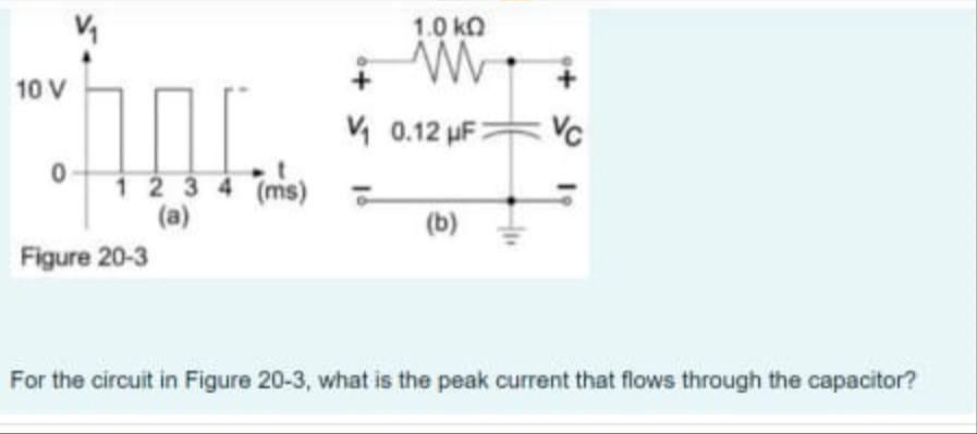 1.0 kQ
www
10 V
V0.12 µF
VC
0
1234 (ms)
(a)
(b)
Figure 20-3
For the circuit in Figure 20-3, what is the peak current that flows through the capacitor?