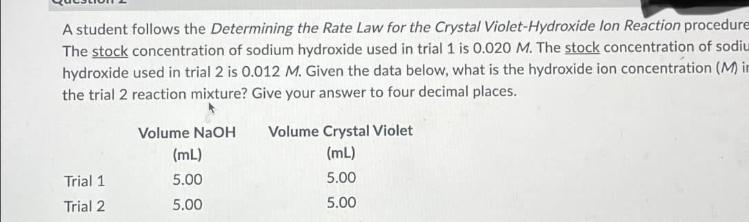 A student follows the Determining the Rate Law for the Crystal Violet-Hydroxide lon Reaction procedure
The stock concentration of sodium hydroxide used in trial 1 is 0.020 M. The stock concentration of sodiu
hydroxide used in trial 2 is 0.012 M. Given the data below, what is the hydroxide ion concentration (M) in
the trial 2 reaction mixture? Give your answer to four decimal places.
Volume NaOH
Volume Crystal Violet
(mL)
(mL)
Trial 1
5.00
5.00
Trial 2
5.00
5.00