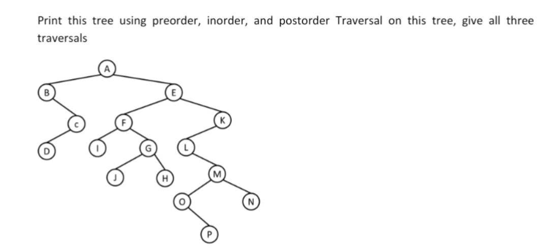 Print this tree using preorder, inorder, and postorder Traversal on this tree, give all three
traversals