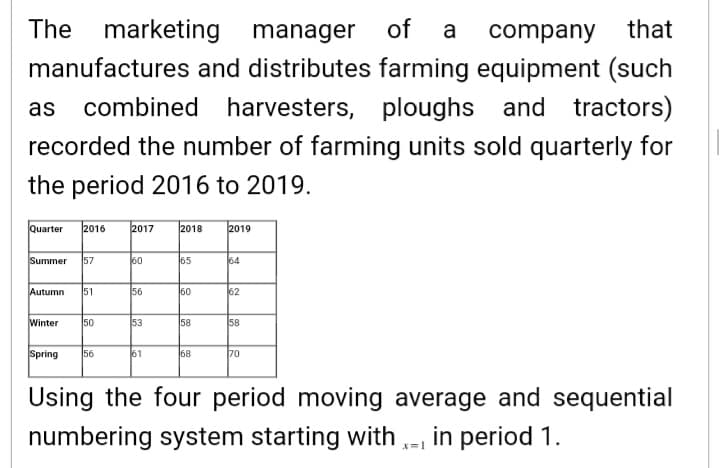 The marketing manager of
manufactures and distributes farming equipment (such
a
company that
combined harvesters, ploughs and tractors)
recorded the number of farming units sold quarterly for
the period 2016 to 2019.
Quarter 2016
2017
2018
2019
Summer
57
60
65
64
Autumn
51
56
60
62
Winter
50
53
58
58
Spring
56
61
68
70
Using the four period moving average and sequential
numbering system starting with -, in period 1.
X=1
