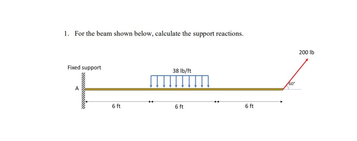 1. For the beam shown below, calculate the support reactions.
200 lb
Fixed support
38 Ib/ft
60°
6 ft
6 ft
6 ft
