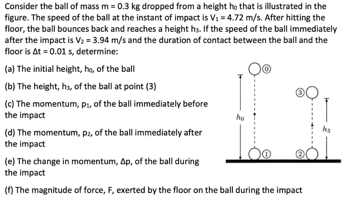 Consider the ball of mass m = 0.3 kg dropped from a height ho that is illustrated in the
figure. The speed of the ball at the instant of impact is V₁ = 4.72 m/s. After hitting the
floor, the ball bounces back and reaches a height hз. If the speed of the ball immediately
after the impact is V2 = 3.94 m/s and the duration of contact between the ball and the
floor is At 0.01 s, determine:
=
(a) The initial height, ho, of the ball
(b) The height, h3, of the ball at point (3)
(c) The momentum, p1, of the ball immediately before
the impact
ho
h3
(d) The momentum, p2, of the ball immediately after
the impact
(e) The change in momentum, Ap, of the ball during
the impact
(f) The magnitude of force, F, exerted by the floor on the ball during the impact