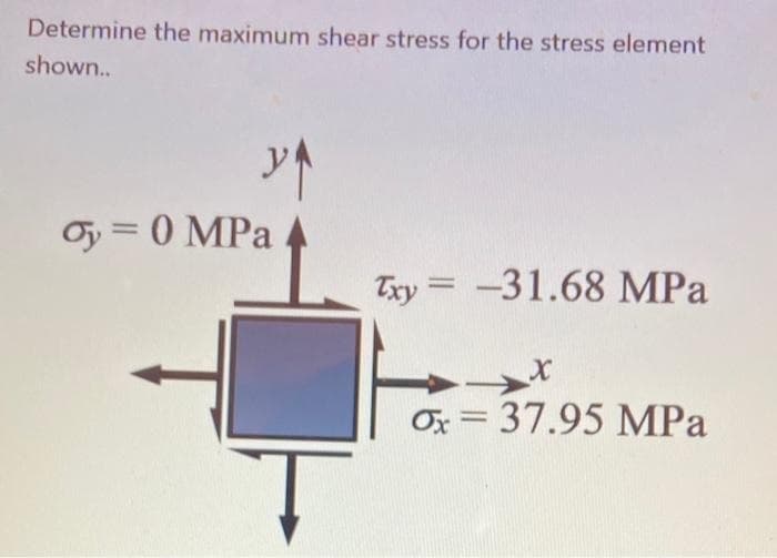 Determine the maximum shear stress for the stress element
shown..
34
Oy = 0 MPa
Txy=-31.68 MPa
Ox= 37.95 MPa