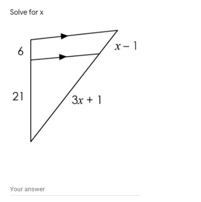 Solve for x
x- 1
6
21
3x + 1
Your answer

