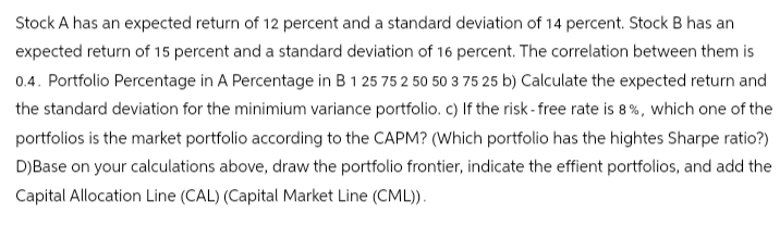 Stock A has an expected return of 12 percent and a standard deviation of 14 percent. Stock B has an
expected return of 15 percent and a standard deviation of 16 percent. The correlation between them is
0.4. Portfolio Percentage in A Percentage in B 1 25 75 2 50 50 3 75 25 b) Calculate the expected return and
the standard deviation for the minimium variance portfolio. c) If the risk-free rate is 8%, which one of the
portfolios is the market portfolio according to the CAPM? (Which portfolio has the hightes Sharpe ratio?)
D)Base on your calculations above, draw the portfolio frontier, indicate the effient portfolios, and add the
Capital Allocation Line (CAL) (Capital Market Line (CML)).