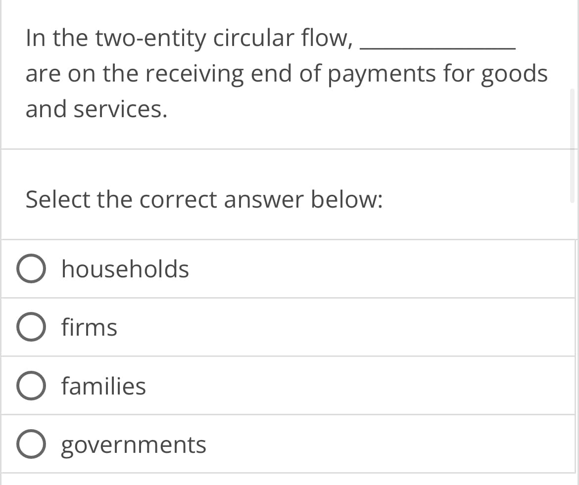 In the two-entity circular flow,
are on the receiving end of payments for goods
and services.
Select the correct answer below:
O households
firms
O families
O governments