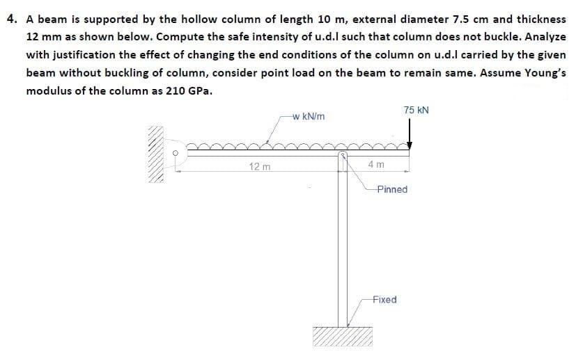 A beam is supported by the hollow column of length 10 m, external diameter 7.5 cm and thickness
12 mm as shown below. Compute the safe intensity of u.d.l such that column does not buckle. Analyze
with justification the effect of changing the end conditions of the column on u.d.l carried by the given
beam without buckling of column, consider point load on the beam to remain same. Assume Young's
modulus of the column as 210 GPa.

