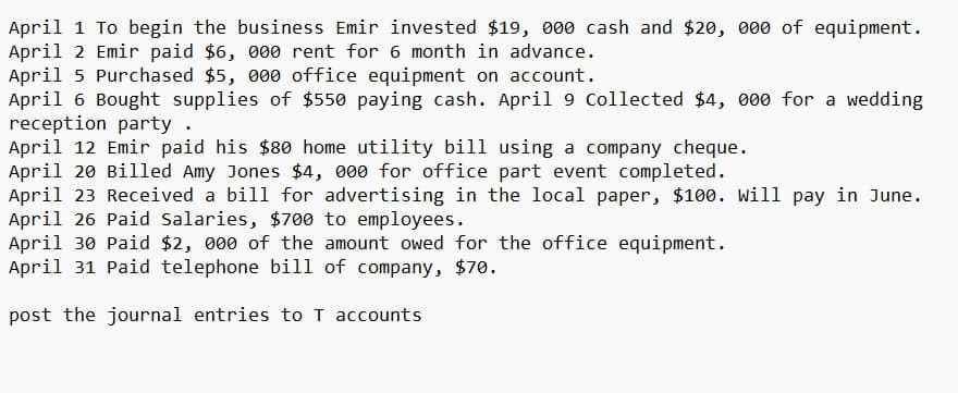April 1 To begin the business Emir invested $19, 000 cash and $20, 000 of equipment.
April 2 Emir paid $6, 000 rent for 6 month in advance.
April 5 Purchased $5, 000 office equipment on account.
April 6 Bought supplies of $550 paying cash. April 9 Collected $4, 000 for a wedding
reception party .
April 12 Emir paid his $80 home utility bill using a company cheque.
April 20 Billed Amy Jones $4, 000 for office part event completed.
April 23 Received a bill for advertising in the local paper, $100. will pay in June.
April 26 Paid Salaries, $700 to employees.
April 30 Paid $2,000 of the amount owed for the office equipment.
April 31 Paid telephone bill of company, $70.
post the journal entries to T accounts