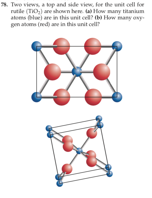 78. Two views, a top and side view, for the unit cell for
rutile (TiO2) are shown here. (a) How many titanium
atoms (blue) are in this unit cell? (b) How many oxy-
gen atoms (red) are in this unit cell?

