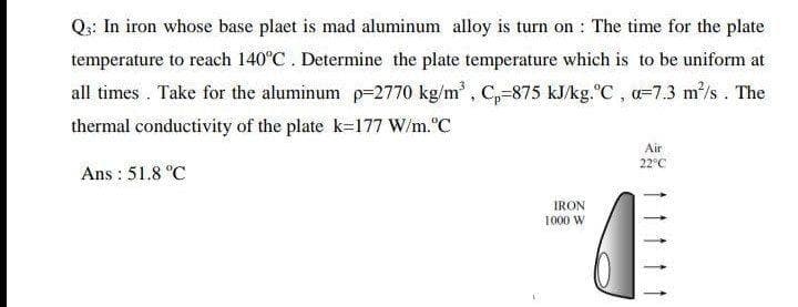Q;: In iron whose base plaet is mad aluminum alloy is turn on : The time for the plate
temperature to reach 140°C. Determine the plate temperature which is to be uniform at
all times. Take for the aluminum p-2770 kg/m, C,-875 kJ/kg."C, a-73 m/s . The
thermal conductivity of the plate k=177 W/m."C
Air
22°C
Ans : 51.8 °C
IRON
1000 W
* 111 tt
