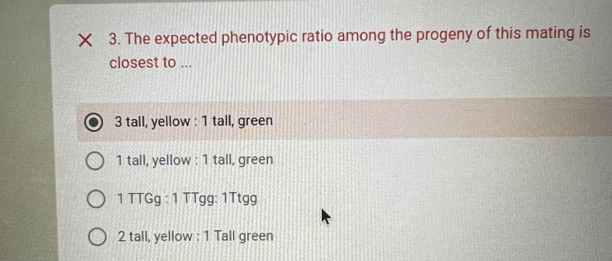 X 3. The expected phenotypic ratio among the progeny of this mating is
closest to ...
O 3 tall, yellow: 1 tall, green
O 1 tall, yellow: 1 tall, green
O1 TTGg: 1 TTgg: 1Ttgg
O2 tall, yellow: 1 Tall green
A