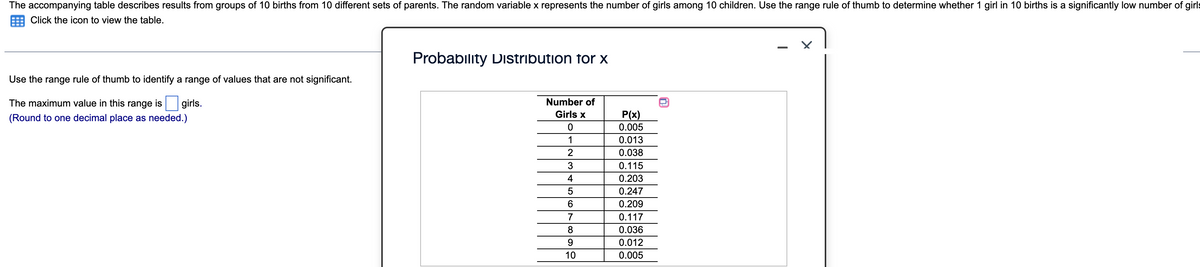 The accompanying table describes results from groups of 10 births from 10 different sets of parents. The random variable x represents the number of girls among 10 children. Use the range rule of thumb to determine whether 1 girl in 10 births is a significantly low number of girls
Click the icon to view the table.
Probability Distribution for x
Use the range rule of thumb to identify a range of values that are not significant.
The maximum value in this range is girls.
(Round to one decimal place as needed.)
Number of
Girls x
0
1
2
3
4
5
6
7
8
9
10
P(x)
0.005
0.013
0.038
0.115
0.203
0.247
0.209
0.117
0.036
0.012
0.005