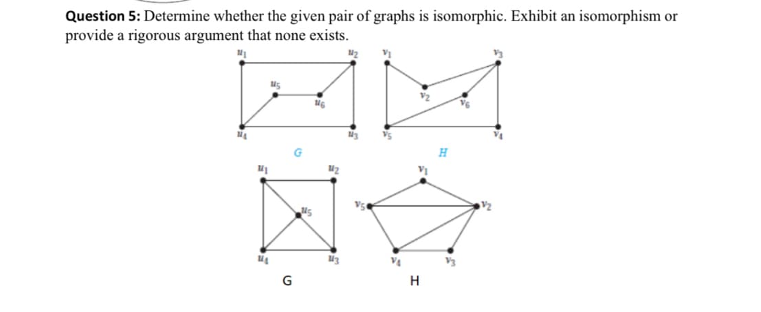 Question 5: Determine whether the given pair of graphs is isomorphic. Exhibit an isomorphism or
provide a rigorous argument that none exists.
11₁
MA
15
11₁
G
G
116
112
113
VI
V5
V/₂
H
112
V5
115
Na
113
VA
H
V6
V3
1/2