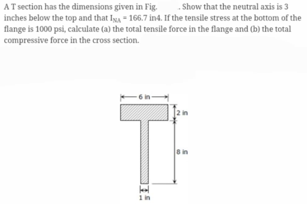 ..Show that the neutral axis is 3
AT section has the dimensions given in Fig.
inches below the top and that INA = 166.7 in4. If the tensile stress at the bottom of the
flange is 1000 psi, calculate (a) the total tensile force in the flange and (b) the total
compressive force in the cross section.
I
1 in
2 in
8 in