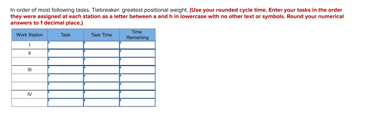 In order of most following tasks. Tiebreaker: greatest positional weight. (Use your rounded cycle time. Enter your tasks in the order
they were assigned at each station as a letter between a and h in lowercase with no other text or symbols. Round your numerical
answers to 1 decimal place.)
Time
Work Station
Task
Task Time
Remaining
II
II
IV

