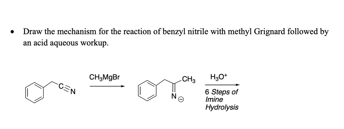 ●
Draw the mechanism for the reaction of benzyl nitrile with methyl Grignard followed by
an acid aqueous workup.
-CEN
CH3MgBr
CH3
H3O+
6 Steps of
Imine
Hydrolysis