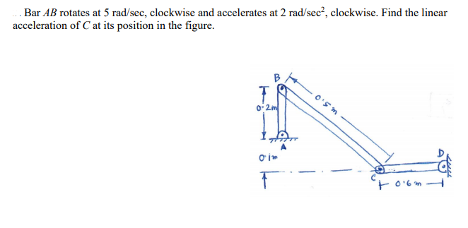 . Bar AB rotates at 5 rad/sec, clockwise and accelerates at 2 rad/sec?, clockwise. Find the linear
acceleration of C at its position in the figure.
B
O'5 m
o:2m
O im
