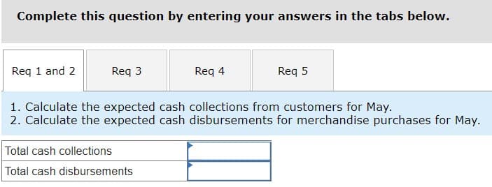 Complete this question by entering your answers in the tabs below.
Req 1 and 2
Req 3
Req 4
Req 5
1. Calculate the expected cash collections from customers for May.
2. Calculate the expected cash disbursements for merchandise purchases for May.
Total cash collections
Total cash disbursements