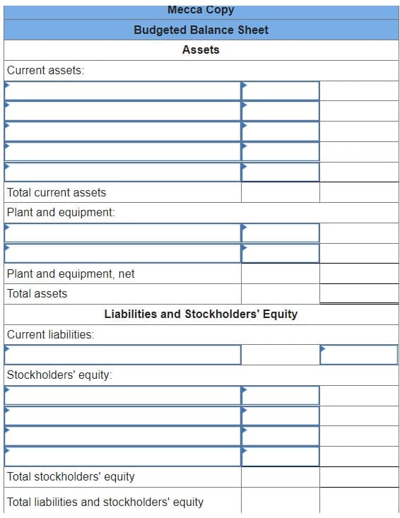 Mecca Copy
Budgeted Balance Sheet
Assets
Current assets:
Total current assets
Plant and equipment:
Plant and equipment, net
Total assets
Current liabilities:
Stockholders' equity:
Total stockholders' equity
Total liabilities and stockholders' equity
Liabilities and Stockholders' Equity