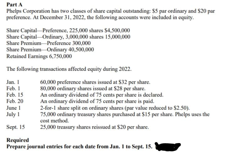Part A
Phelps Corporation has two classes of share capital outstanding: $5 par ordinary and $20 par
preference. At December 31, 2022, the following accounts were included in equity.
Share Capital Preference, 225,000 shares $4,500,000
Share Capital
Ordinary, 3,000,000 shares 15,000,000
Share Premium Preference 300,000
Share Premium Ordinary 40,500,000
Retained Earnings 6,750,000
The following transactions affected equity during 2022.
Jan. 1
60,000 preference shares issued at $32 per share.
80,000 ordinary shares issued at $28 per share.
Feb. 1
Feb. 15
Feb. 20
An ordinary dividend of 75 cents per share is declared.
An ordinary dividend of 75 cents per share is paid.
June 1
July 1
2-for-1 share split on ordinary shares (par value reduced to $2.50).
75,000 ordinary treasury shares purchased at $15 per share. Phelps uses the
cost method.
Sept. 15
25,000 treasury shares reissued at $20 per share.
Required
Prepare journal entries for each date from Jan. 1 to Sept. 15.