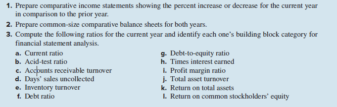 1. Prepare comparative income statements showing the percent increase or decrease for the current year
in comparison to the prior year.
2. Prepare common-size comparative balance sheets for both years.
3. Compute the following ratios for the current year and identify each one's building block category for
financial statement analysis.
a. Current ratio
g. Debt-to-equity ratio
h. Times interest earned
i. Profit margin ratio
j. Total asset turnover
k. Return on total assets
I. Return on common stockholders' equity
b. Acid-test ratio
Accpunts receivable turnover
d. Days' sales uncollected
e. Inventory turnover
c.
f. Debt ratio

