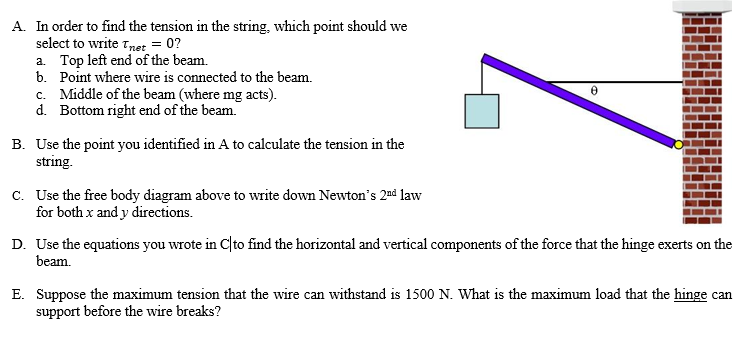 A. In order to find the tension in the string, which point should we
select to write Tmet = 0?
a. Top left end of the beam.
b. Point where wire is connected to the beam.
c. Middle of the beam (where mg acts).
d. Bottom right end of the beam.
B. Use the point you identified in A to calculate the tension in the
string.
c. Use the free body diagram above to write down Newton's 2nd law
for both x and y directions.
D. Use the equations you wrote in C|to find the horizontal and vertical components of the force that the hinge exerts on the
beam.
E. Suppose the maximum tension that the wire can withstand is 1500 N. What is the maximum load that the hinge can
support before the wire breaks?
