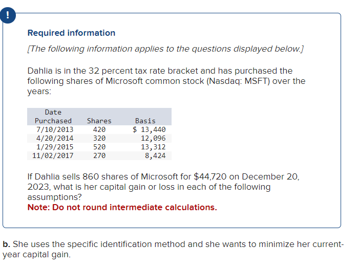 Required information
[The following information applies to the questions displayed below.]
Dahlia is in the 32 percent tax rate bracket and has purchased the
following shares of Microsoft common stock (Nasdaq: MSFT) over the
years:
Date
Purchased Shares
420
7/10/2013
4/20/2014
320
1/29/2015
520
11/02/2017 270
Basis
$ 13,440
12,096
13,312
8,424
If Dahlia sells 860 shares of Microsoft for $44,720 on December 20,
2023, what is her capital gain or loss in each of the following
assumptions?
Note: Do not round intermediate calculations.
b. She uses the specific identification method and she wants to minimize her current-
year capital gain.