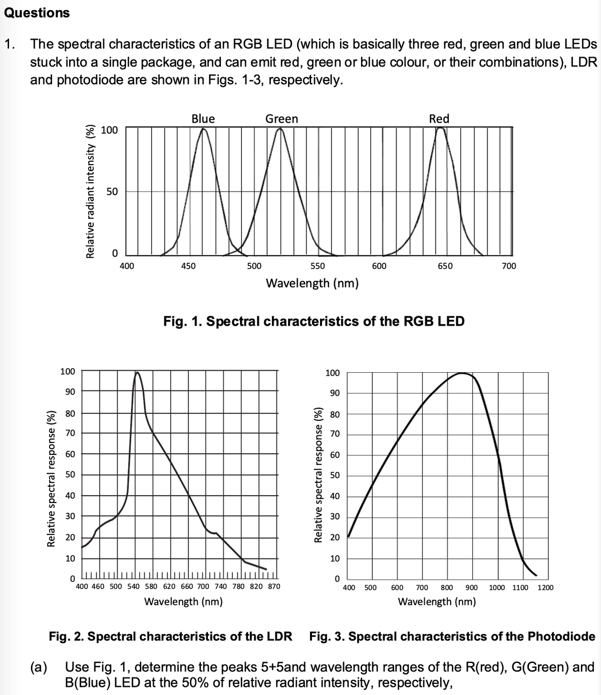 Questions
1.
The spectral characteristics of an RGB LED (which is basically three red, green and blue LEDs
stuck into a single package, and can emit red, green or blue colour, or their combinations), LDR
and photodiode are shown in Figs. 1-3, respectively.
Relative spectral response (%)
100
90
80
70
60
50
40
30
20
10
Green
HIWALN
550
100
50
400
Blue
450
500
Wavelength (nm)
0
400 460 500 540 580 620 660 700 740 780 820 870
Wavelength (nm)
Relative spectral response (%)
Fig. 1. Spectral characteristics of the RGB LED
100
90
80
70
60
50
40
30
20
10
600
0
Red
400 500
650
700
600 700 800 900 1000 1100 1200
Wavelength (nm)
Fig. 2. Spectral characteristics of the LDR
Fig. 3. Spectral characteristics of the Photodiode
(a)
Use Fig. 1, determine the peaks 5+5and wavelength ranges of the R(red), G(Green) and
B(Blue) LED at the 50% of relative radiant intensity, respectively,