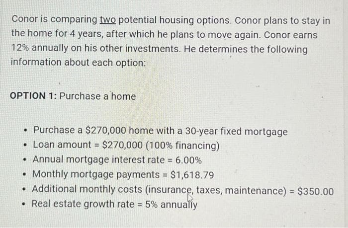 Conor is comparing two potential housing options. Conor plans to stay in
the home for 4 years, after which he plans to move again. Conor earns
12% annually on his other investments. He determines the following
information about each option:
OPTION 1: Purchase a home
• Purchase a $270,000 home with a 30-year fixed mortgage
• Loan amount = $270,000 (100% financing)
• Annual mortgage interest rate = 6.00%
Monthly mortgage payments = $1,618.79
• Additional monthly costs (insurance, taxes, maintenance) = $350.00
• Real estate growth rate = 5% annually
.
