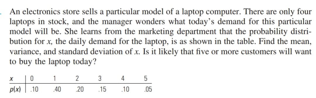 An electronics store sells a particular model of a laptop computer. There are only four
laptops in stock, and the manager wonders what today's demand for this particular
model will be. She learns from the marketing department that the probability distri-
bution for x, the daily demand for the laptop, is as shown in the table. Find the mean,
variance, and standard deviation of x. Is it likely that five or more customers will want
to buy the laptop today?
X
0
1
2
3
4
5
p(x) .10
.40
.15
.10
.20
.05