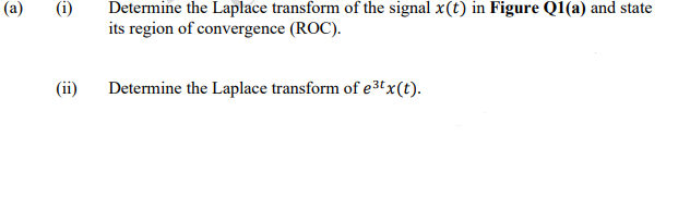 (a)
Determine the Laplace transform of the signal x(t) in Figure Q1(a) and state
its region of convergence (ROC).
(ii)
Determine the Laplace transform of e3t x(t).
