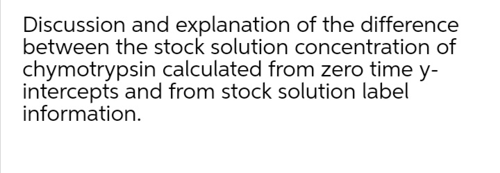 Discussion and explanation of the difference
between the stock solution concentration of
chymotrypsin calculated from zero time y-
intercepts and from stock solution label
information.

