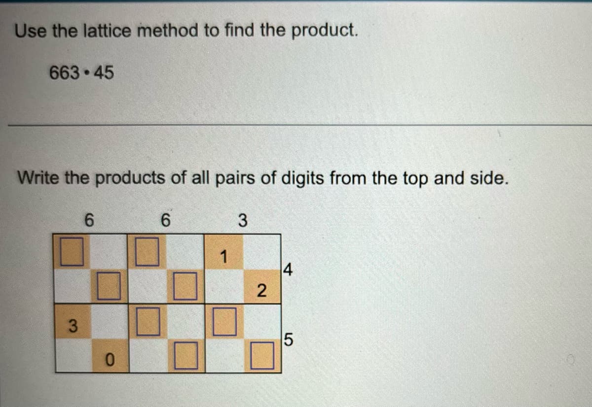 Use the lattice method to find the product.
663 45
Write the products of all pairs of digits from the top and side.
3
3
6
0
6
1
2
4
5