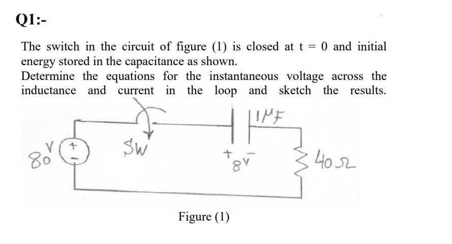 Q1:-
The switch in the circuit of figure (1) is closed at t 0 and initial
energy stored in the capacitance as shown.
Determine the equations for the instantaneous voltage across the
inductance and current in the loop and sketch the results.
SW
80
4052
Figure (1)
