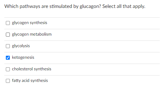 Which pathways are stimulated by glucagon? Select all that apply.
glycogen synthesis
glycogen metabolism
glycolysis
ketogenesis
cholesterol synthesis
fatty acid synthesis