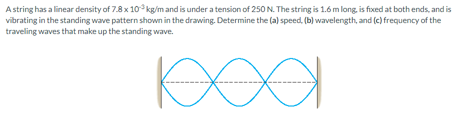 A string has a linear density of 7.8 x 10-³ kg/m and is under a tension of 250 N. The string is 1.6 m long, is fixed at both ends, and is
vibrating in the standing wave pattern shown in the drawing. Determine the (a) speed, (b) wavelength, and (c) frequency of the
traveling waves that make up the standing wave.
роо