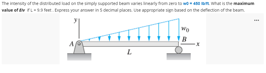 The intensity of the distributed load on the simply supported beam varies linearly from zero to wo = 450 Ib/ft. What is the maximum
value of Elv if L = 9.9 feet . Express your answer in 5 decimal places. Use appropriate sign based on the deflection of the beam.
y
...
Wo
B
A
L
