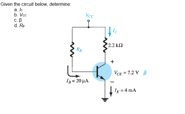 Given the circuit below, determine:
a. lc
b. Vcc
с. В
d. Re
VCC
Ic
2.2 kN
RB
VCE = 7.2 V B
%3D
= 20 μΑ
Ig = 4 mA
