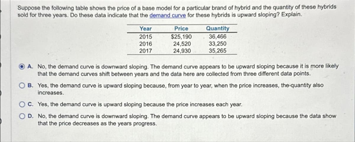 Suppose the following table shows the price of a base model for a particular brand of hybrid and the quantity of these hybrids
sold for three years. Do these data indicate that the demand curve for these hybrids is upward sloping? Explain.
Year
2015
2016
2017
Price
$25,190
24,520
24,930
Quantity
36,466
33,250
35,265
A. No, the demand curve is downward sloping. The demand curve appears to be upward sloping because it is more likely
that the demand curves shift between years and the data here are collected from three different data points.
B. Yes, the demand curve is upward sloping because, from year to year, when the price increases, the quantity also
increases.
OC. Yes, the demand curve is upward sloping because the price increases each year.
O D. No, the demand curve is downward sloping. The demand curve appears to be upward sloping because the data show
that the price decreases as the years progress.