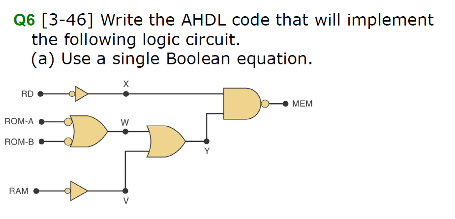 Q6 [3-46] Write the AHDL code that will implement
the following logic circuit.
(a) Use a single Boolean equation.
X
RD
МЕМ
ROM-A
W
ROM-B
Y
RAM
V
